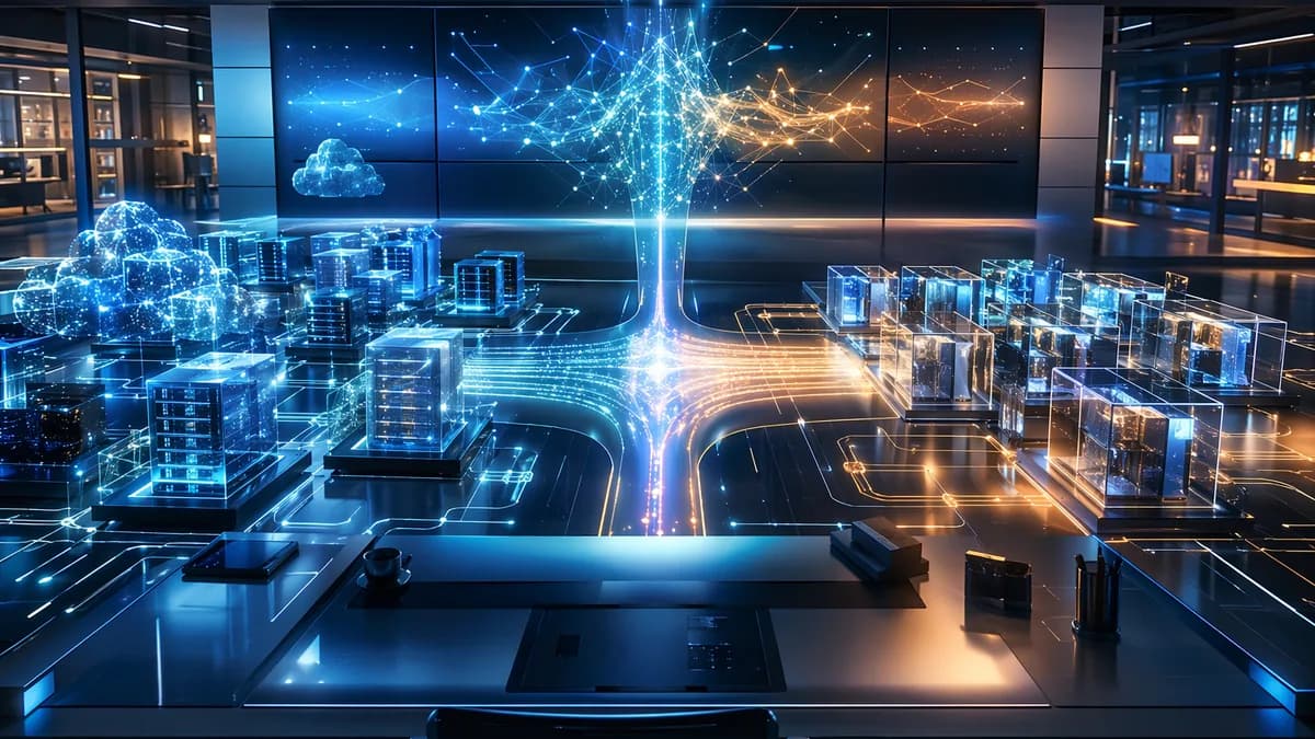 Futuristic cloud testing workspace with virtual servers and container cubes connected by glowing circuits.