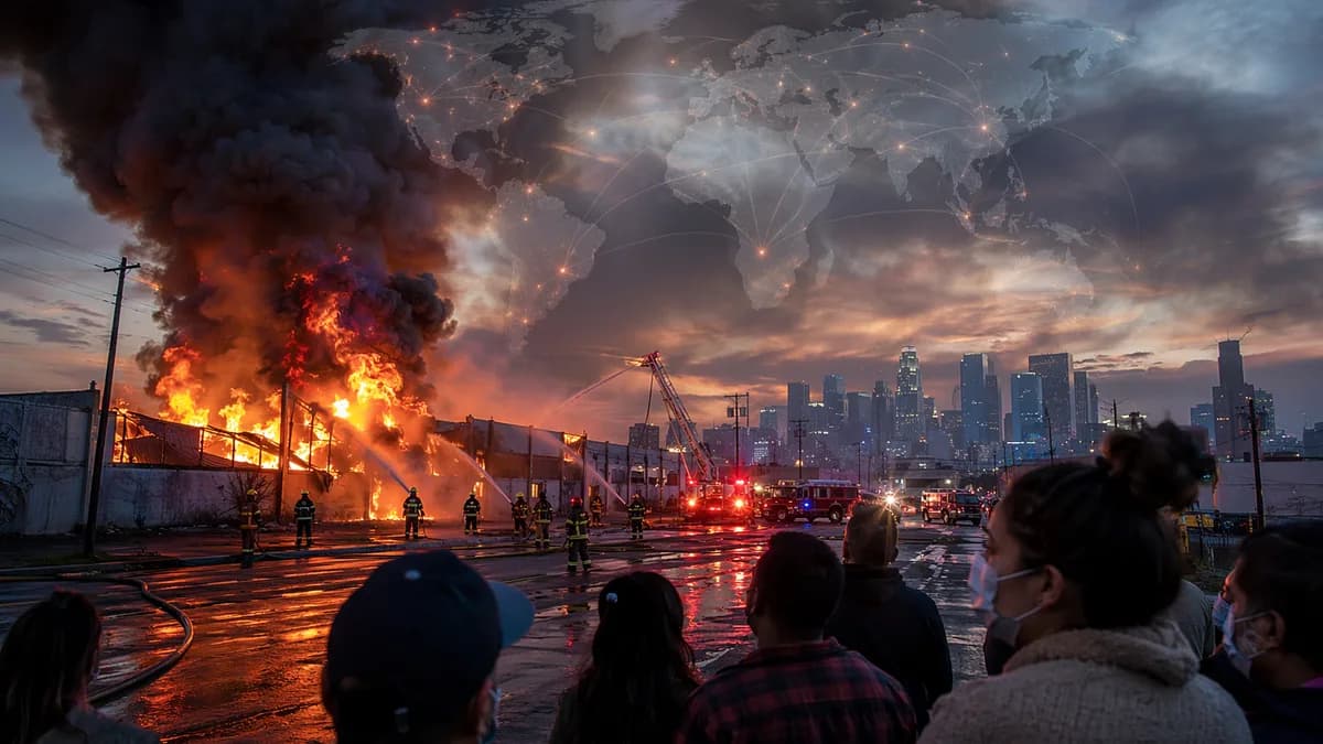 Firefighters battle a smoky Los Angeles warehouse blaze as residents face hazardous fumes.