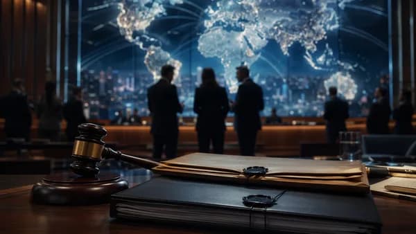 Courthouse scene with sealed psychiatric files, lawyer silhouettes, and a subtle global map backdrop.