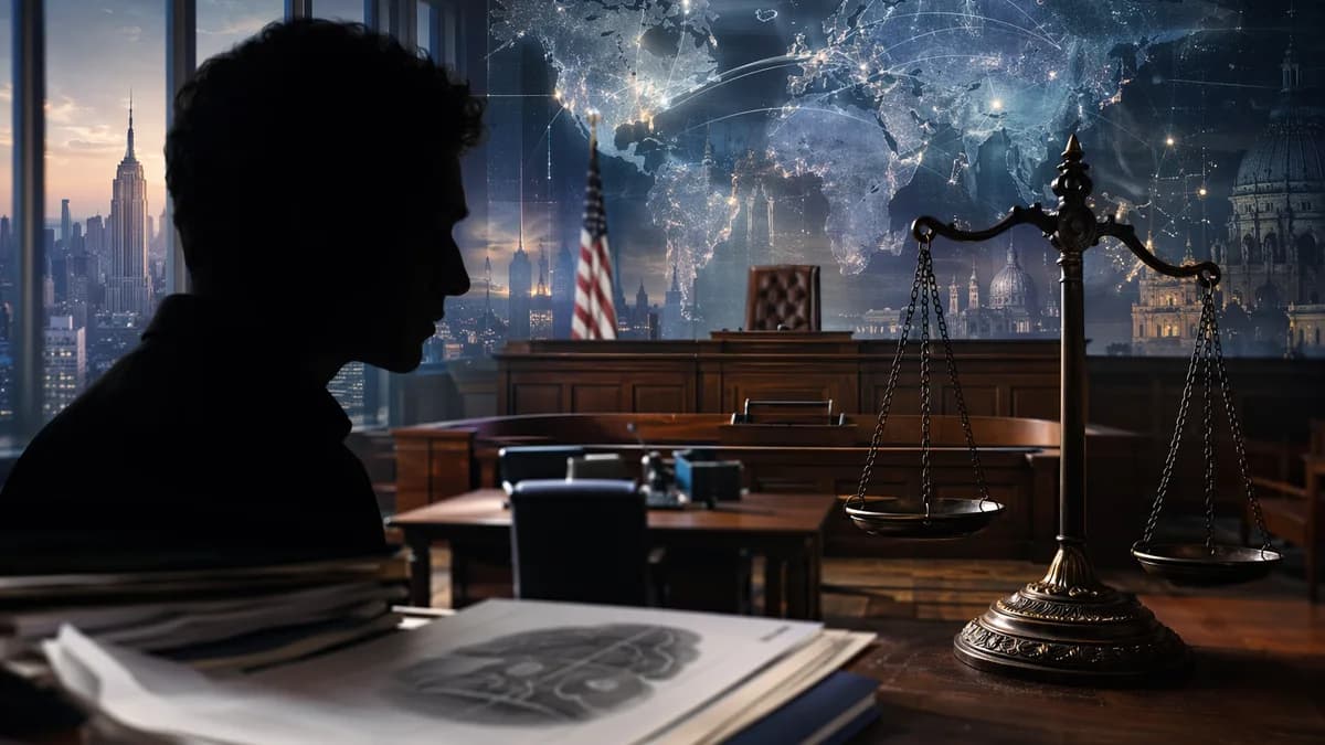 Somber courtroom with justice scales, silhouette, and faint global map suggesting a psychiatric defense trial.