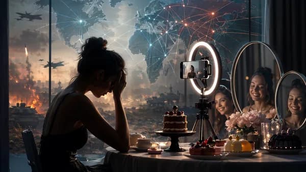 Food influencer set with desserts, camera, silhouette, and global network map suggesting hidden online pressure.