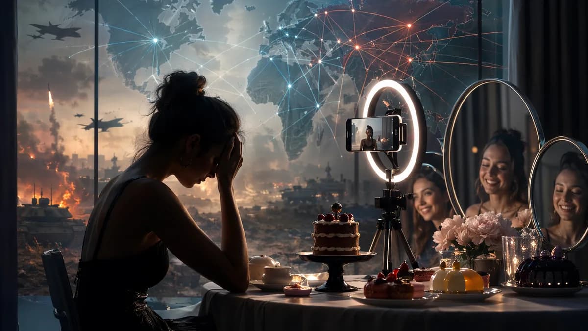 Food influencer set with desserts, camera, silhouette, and global network map suggesting hidden online pressure.