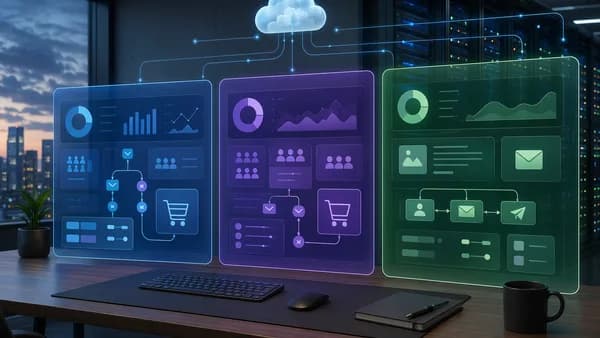 Abstract SaaS email marketing dashboards comparing ecommerce, cost control, and creator workflows.