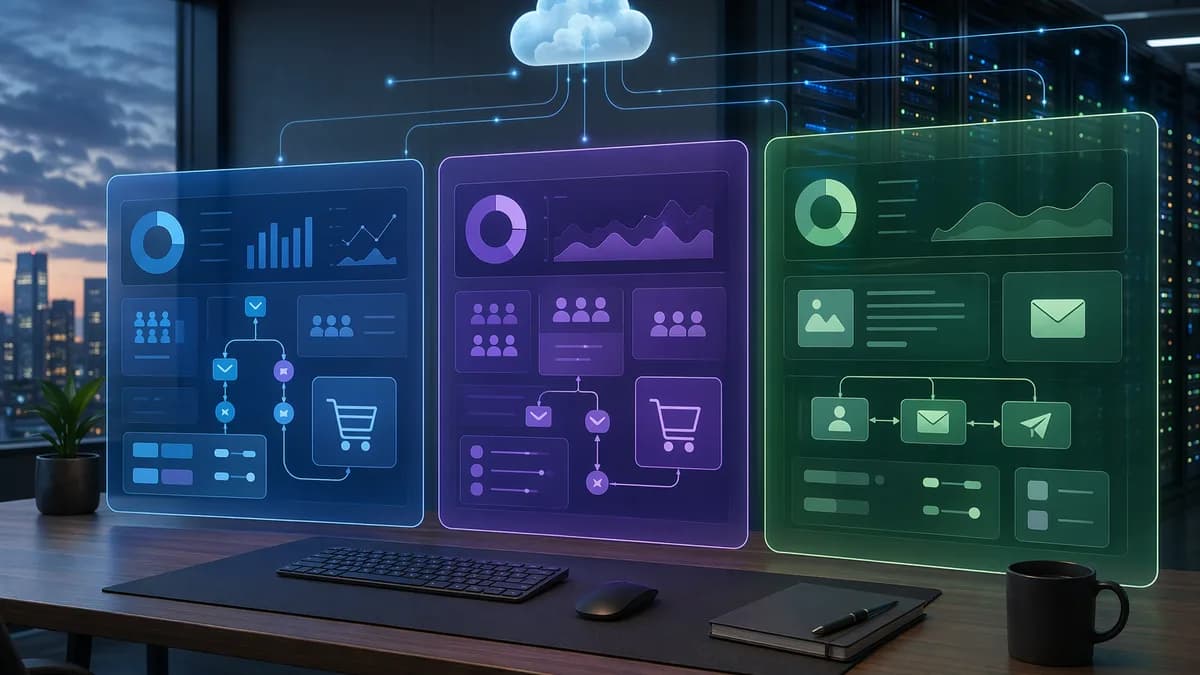 Abstract SaaS email marketing dashboards comparing ecommerce, cost control, and creator workflows.