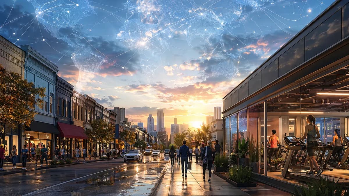 Main Street fitness club and shops with global map connections symbolizing resilient consumer growth.
