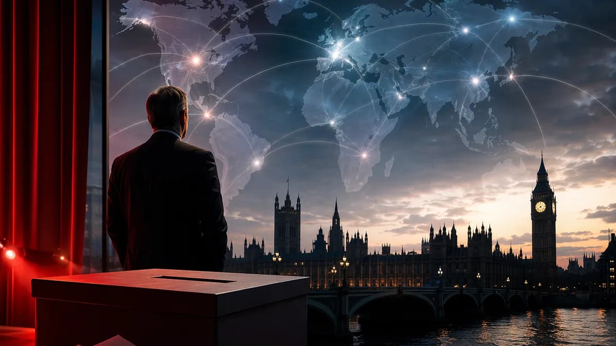 Editorial image of UK election tension with Westminster, ballot box, and global connection map.