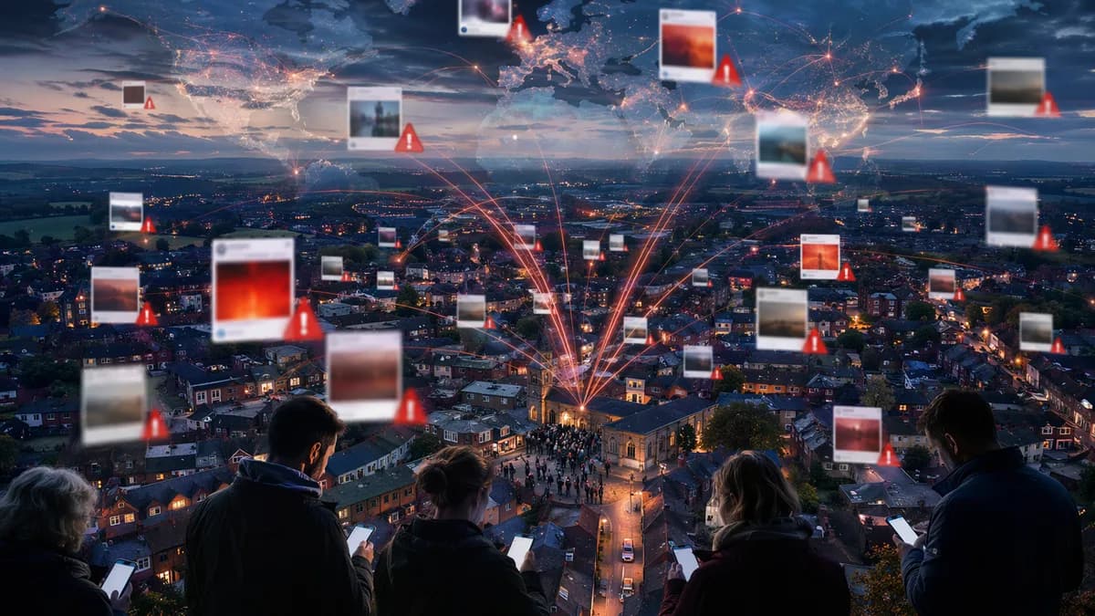 Local misinformation visualized through social media cards, warning signals, and a connected world map.