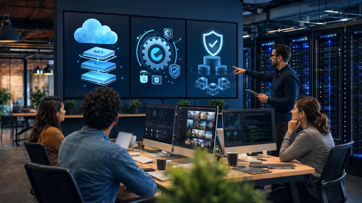 Modern team using managed hosting dashboard with cloud servers and automation visuals