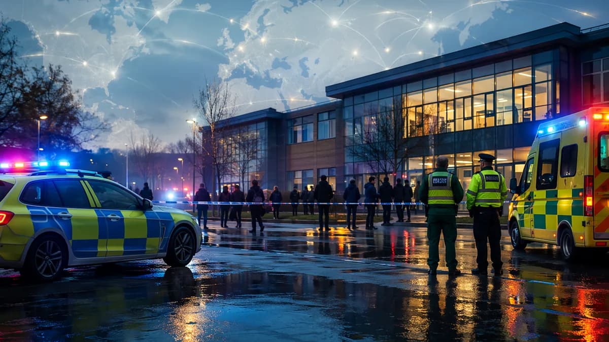 Emergency services outside a Manchester school with subtle global map overlay, no visible injuries.