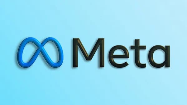 a blue and black logo with the word meta