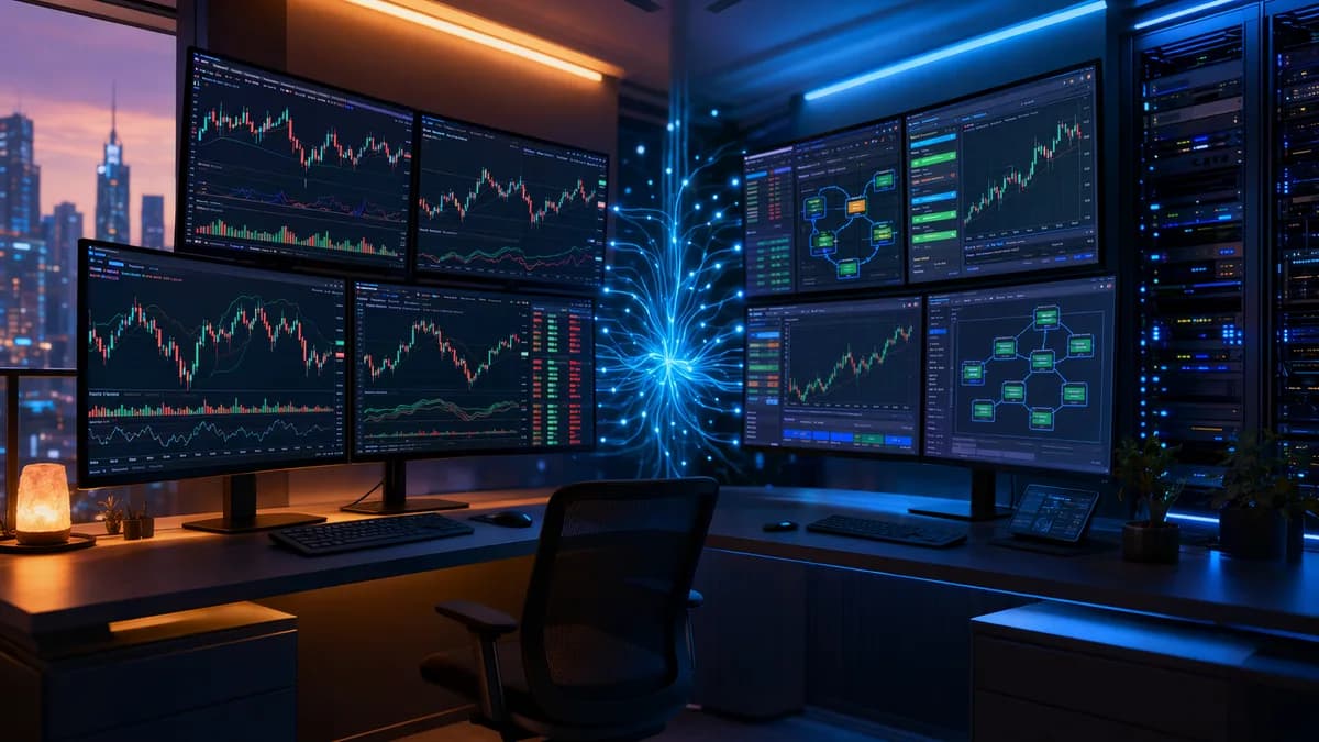 Hybrid trading workstation with charting dashboards, execution terminals, and market data visualizations.