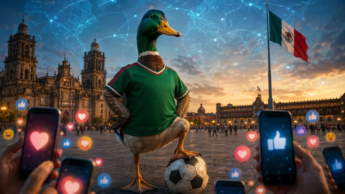 Duck in green soccer jersey beside a ball, with Mexico City and global connection map in background.
