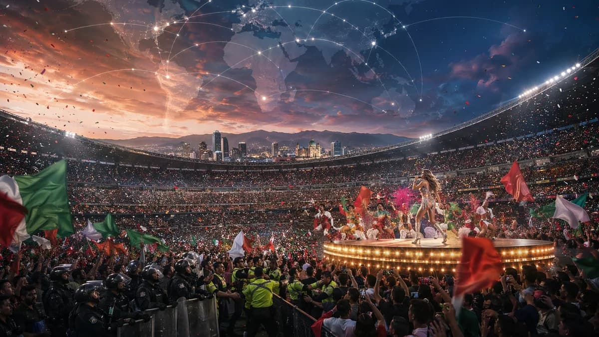 Mexico World Cup opener with vibrant fans, performers, global map overlay and subtle security tension.