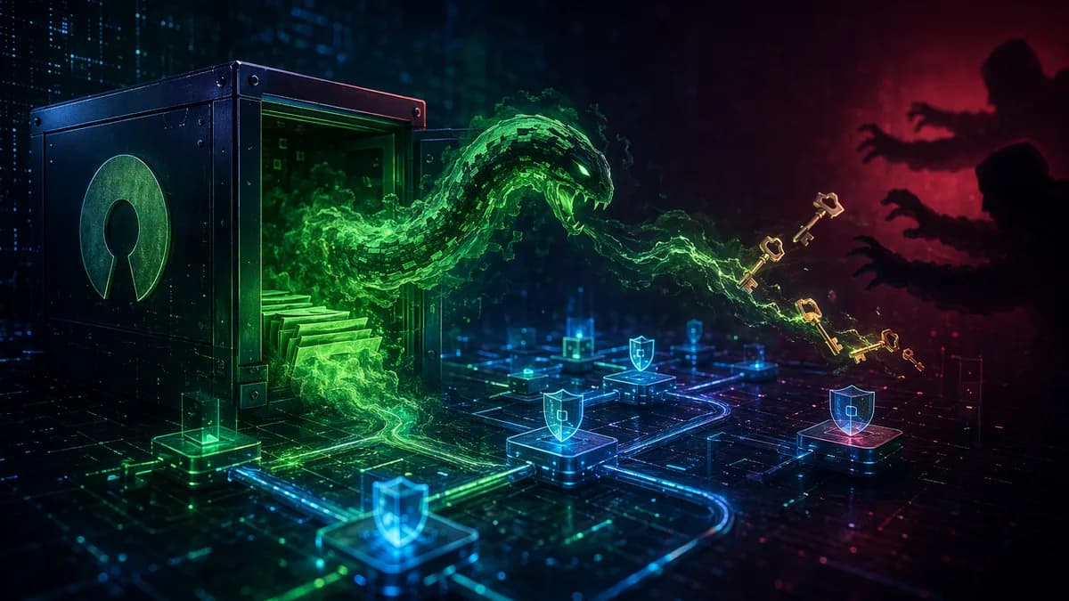 Leaked worm source code escaping a digital vault toward software pipeline security locks.