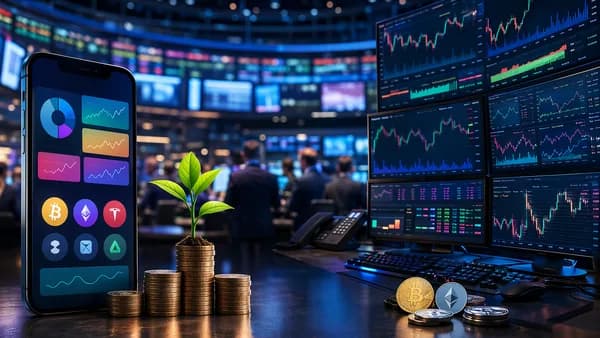 Smartphone micro-investing scene beside broker workstation with market charts and small portfolio growth symbols.