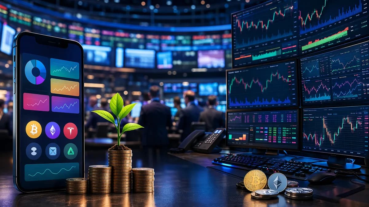 Smartphone micro-investing scene beside broker workstation with market charts and small portfolio growth symbols.