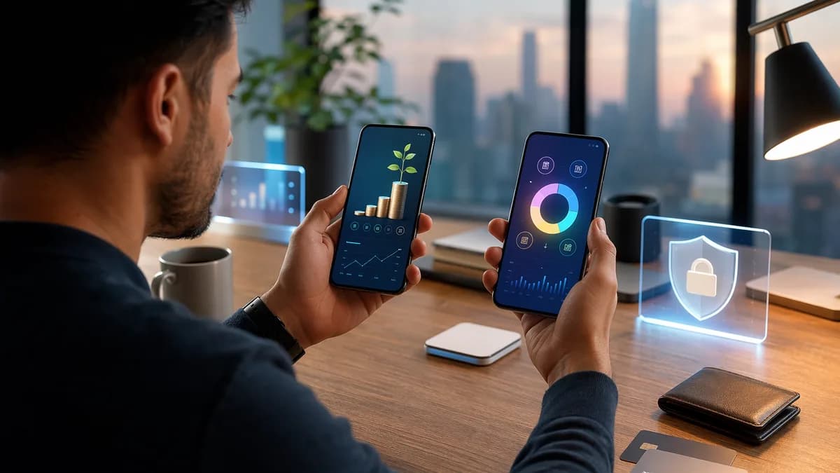 Beginner investor comparing micro-investing and robo-advisor apps on smartphones