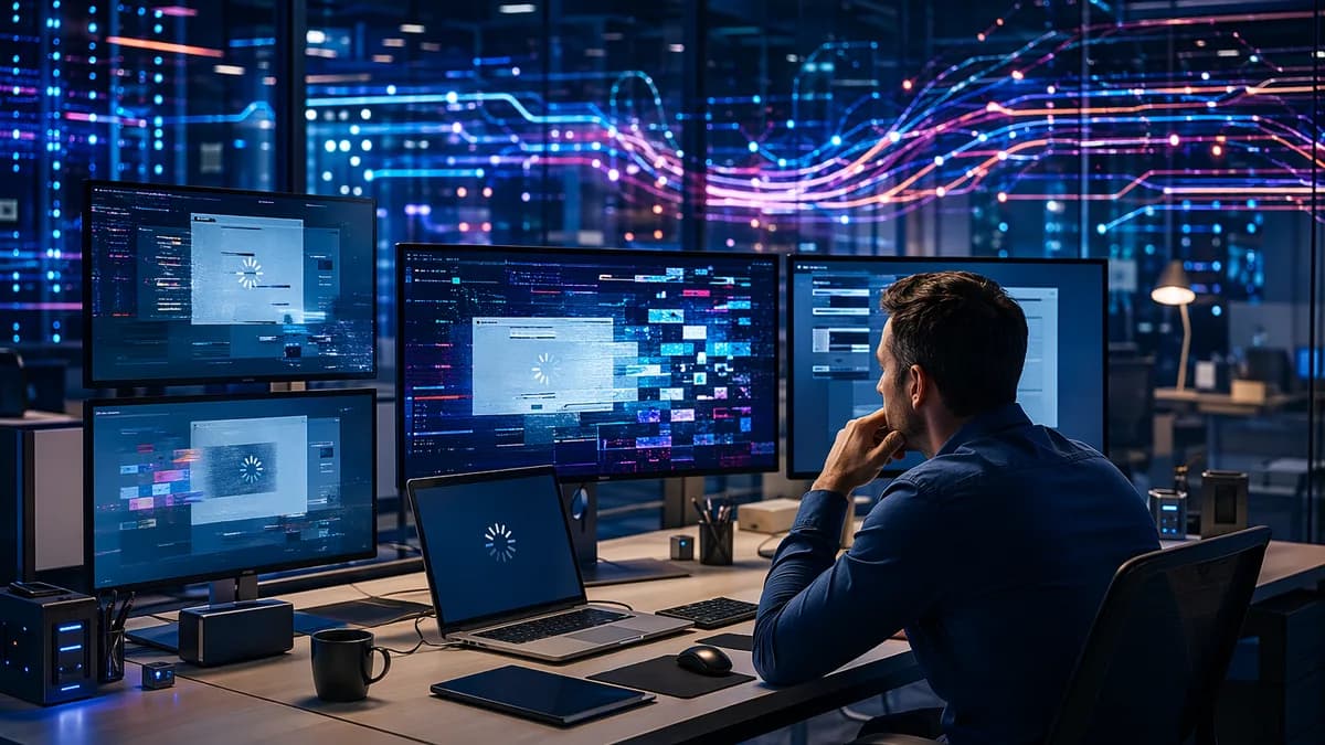 IT admin facing abstract app launch glitches on monitors after a system update in a modern tech workspace.