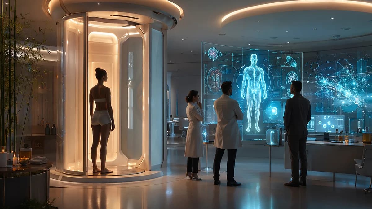 Futuristic spa-like body scanner monitored by clinicians and AI systems in a sleek medical tech lab