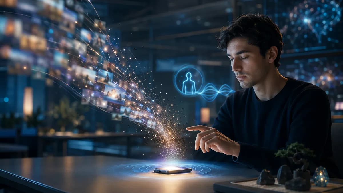 Person pausing over a smartphone as blurred feed streams fade in a calm futuristic tech workspace.