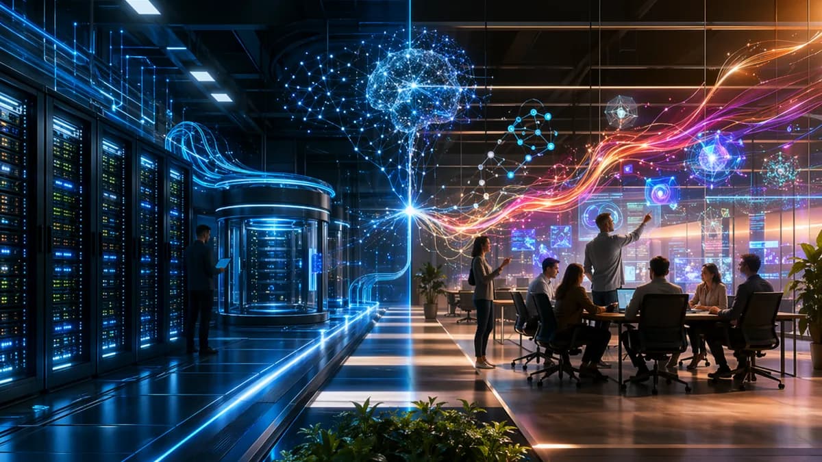 Futuristic AI workspace comparing controlled servers with collaborative ML dashboards and data flows.