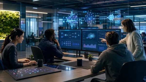 Small AI team in a sleek workspace managing streamlined MLOps pipelines and model monitoring.