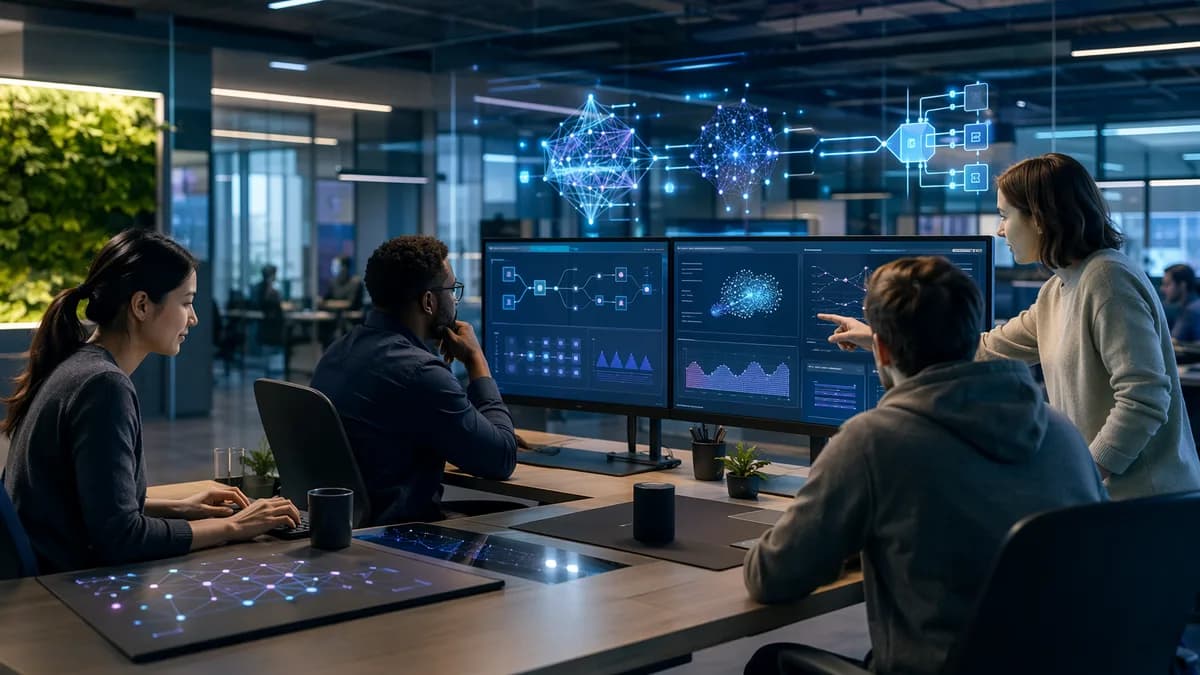 Small AI team in a sleek workspace managing streamlined MLOps pipelines and model monitoring.
