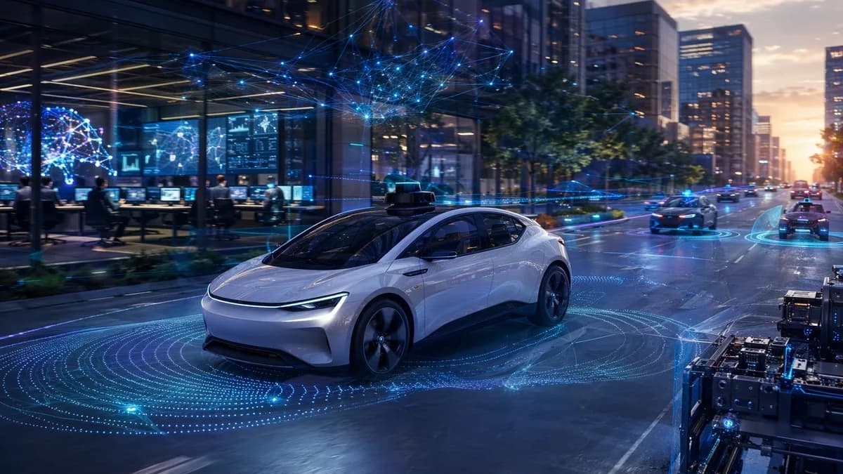 Autonomous robotaxi in a futuristic city with AI networks and fleet control screens.