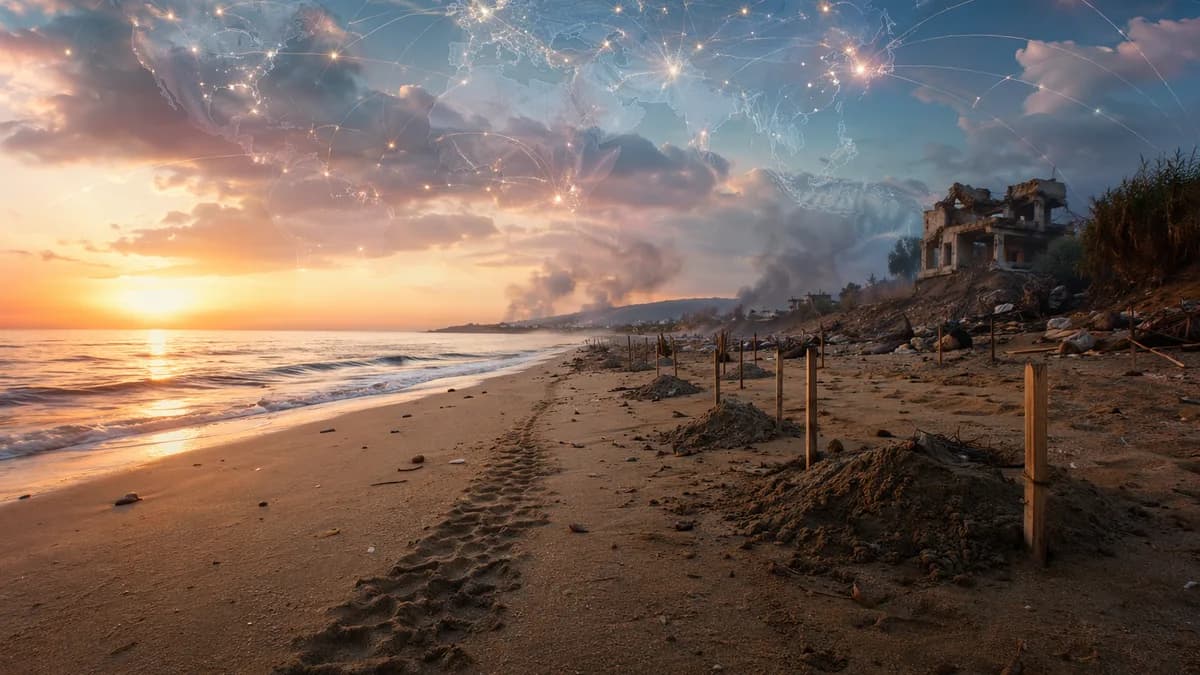 Lebanese beach turtle nests near a damaged home, with a subtle world map and global connection lines.