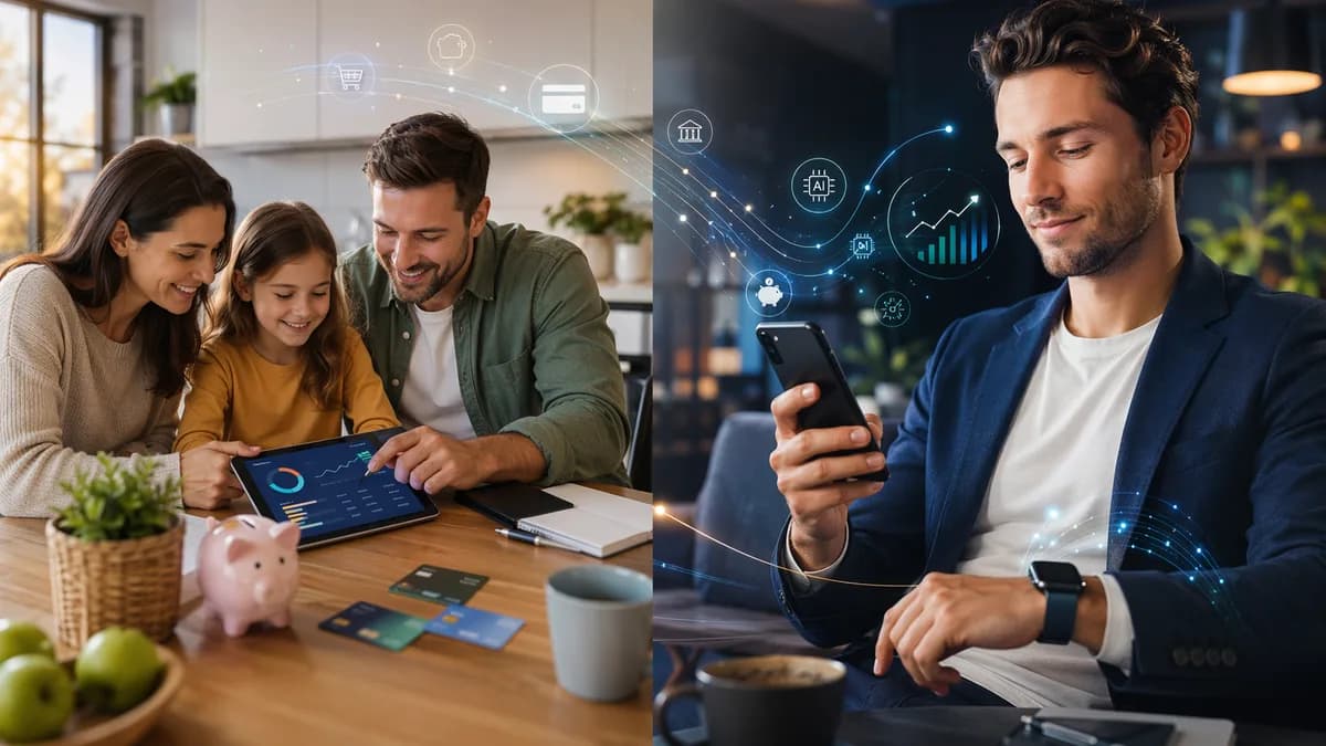 Split fintech scene showing household budgeting and automated mobile spending review.