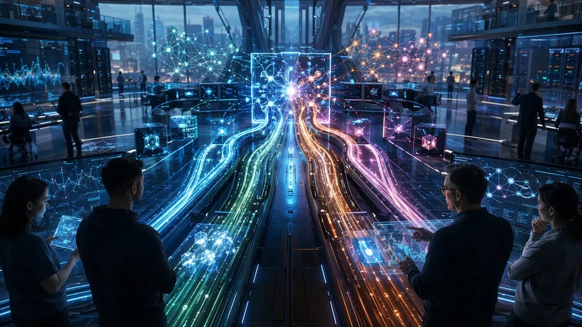 Futuristic CI pipelines and dependency graphs converging in a sleek monorepo engineering workspace.