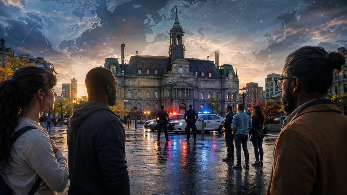 Montreal street scene with police silhouettes, diverse residents, and global map overlay symbolizing profiling concerns.