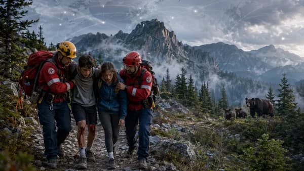 Emergency responders help hikers on a misty Washington forest trail as a bear watches from afar.