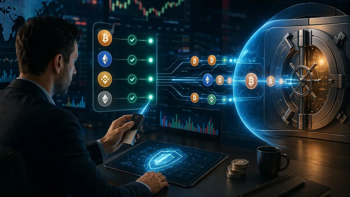 Crypto trader securely transferring funds from exchange to hardware wallet with blockchain and market visuals.