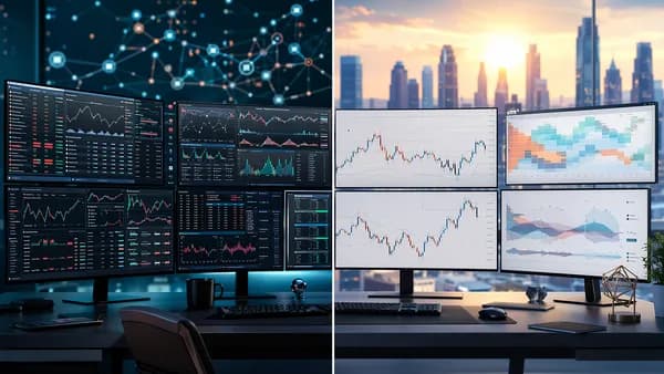 Split-screen forex trading desk comparing automated dashboards with clean charting workflows.