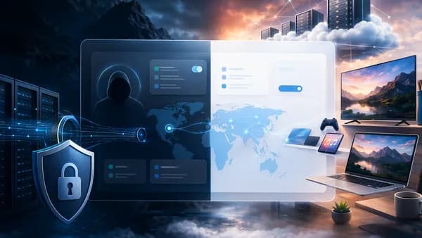 Split-screen VPN privacy comparison with secure cloud dashboard, locks, server nodes, and global network visuals.