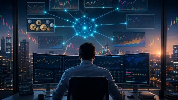 Trader using unified multi-broker dashboard with market data panels and crypto trading visuals