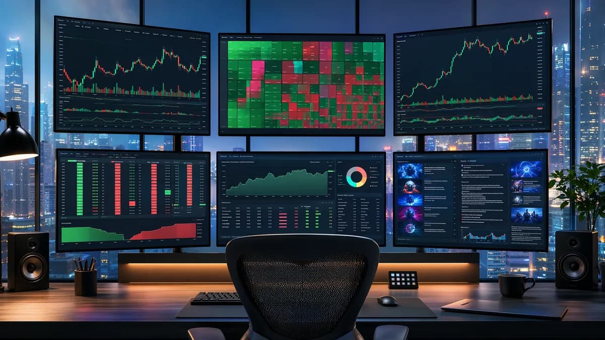 Organized multi-monitor trading desk with charts and market data in a clean modern setup