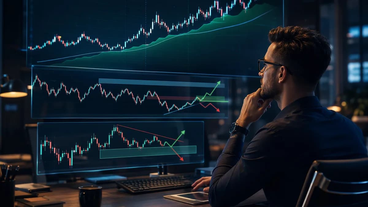 Trader studies layered multi-timeframe market charts to align entries with the larger trend.