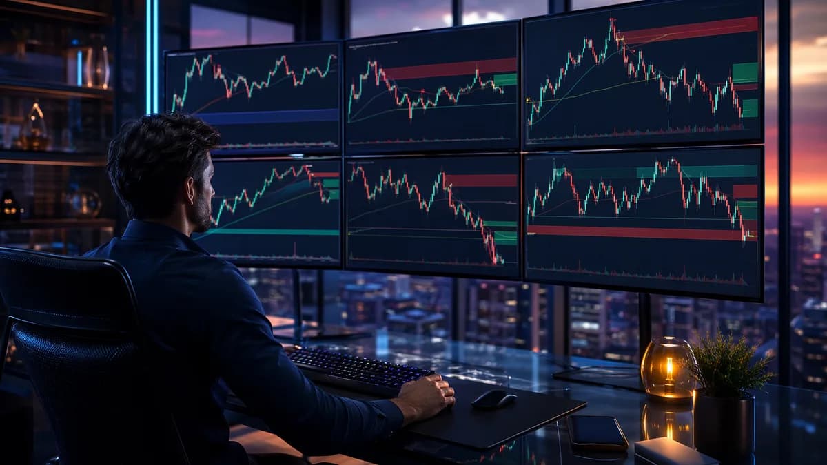 Trader analyzing clean multi-timeframe charts with risk zones in a modern trading workspace.