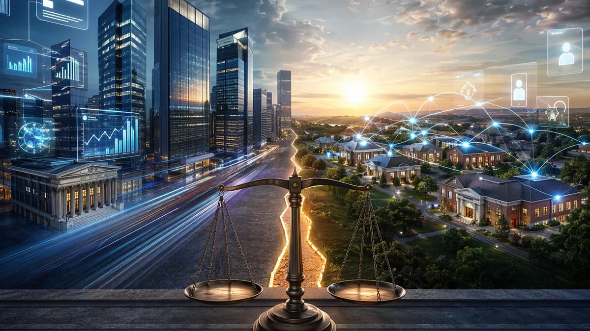 Bank towers and community finance branches divided by a regulatory line with digital finance elements.