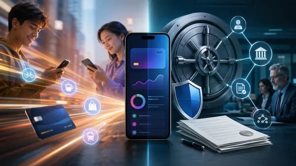 Split fintech scene comparing low-fee neobank convenience with online bank safety and broader services.