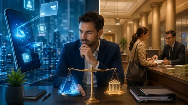 Small business owner comparing neobank app speed with traditional bank lending and branch support