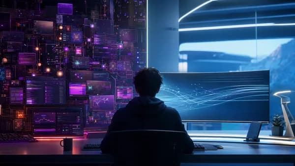 Developer between customizable and minimalist terminal editor workspaces in a futuristic tech hub