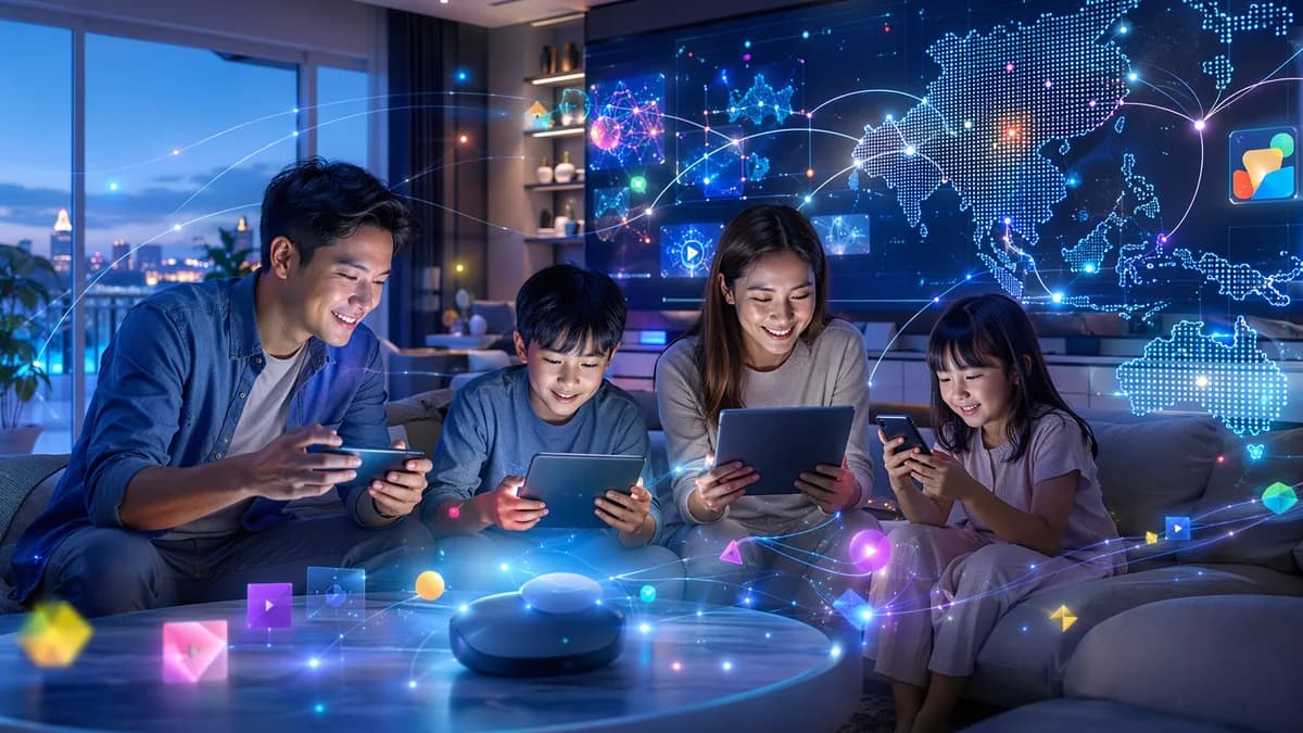 Asia-Pacific family using mobile streaming and kids’ games in a futuristic tech workspace