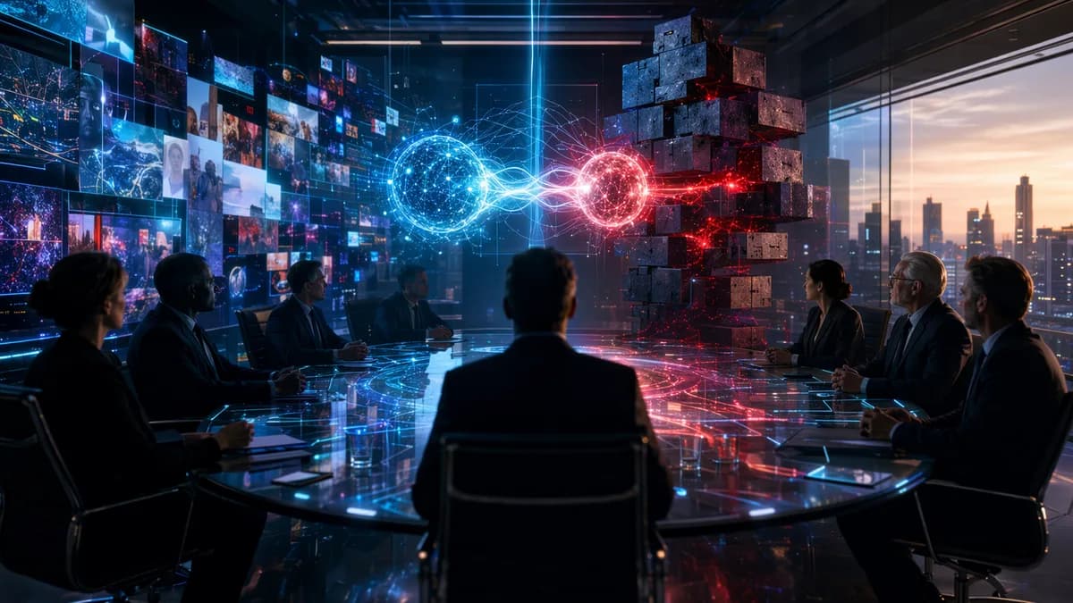 Futuristic boardroom with streaming data, regulators, and merger tension in a sleek tech setting