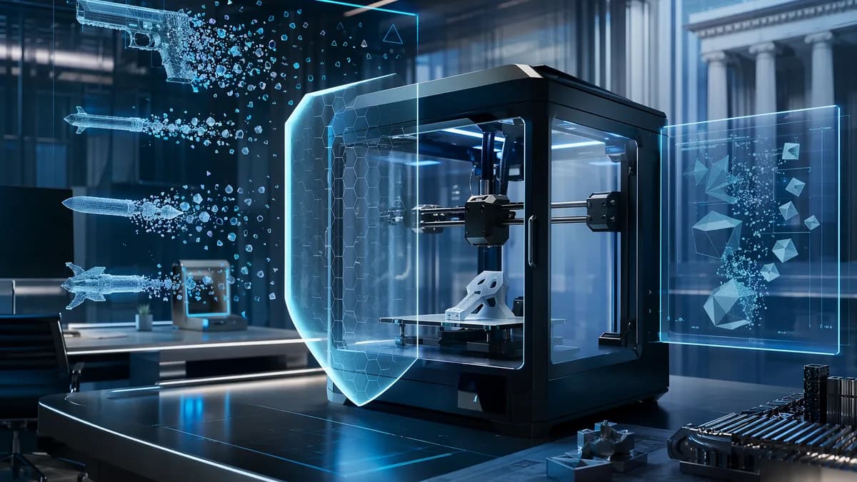 3D printer in futuristic lab blocked by a digital compliance shield, symbolizing new gun-safety regulation.