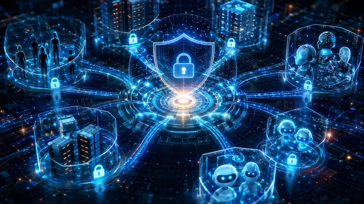 Futuristic identity security hub protecting humans, machines and AI agents with shields and data streams.