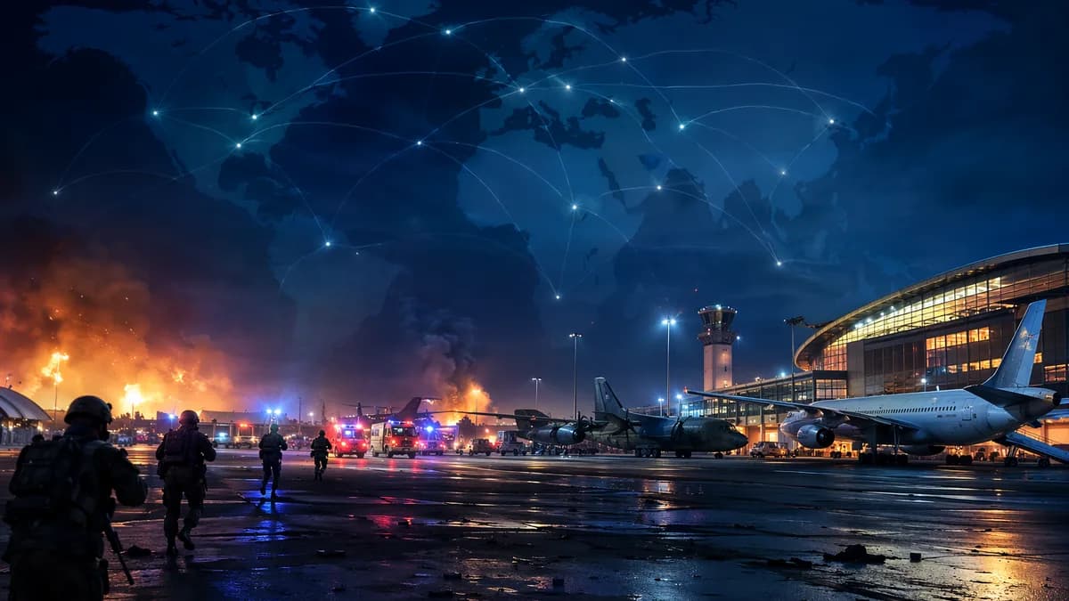 Nighttime airport attack aftermath with smoke, emergency response, and global map connections