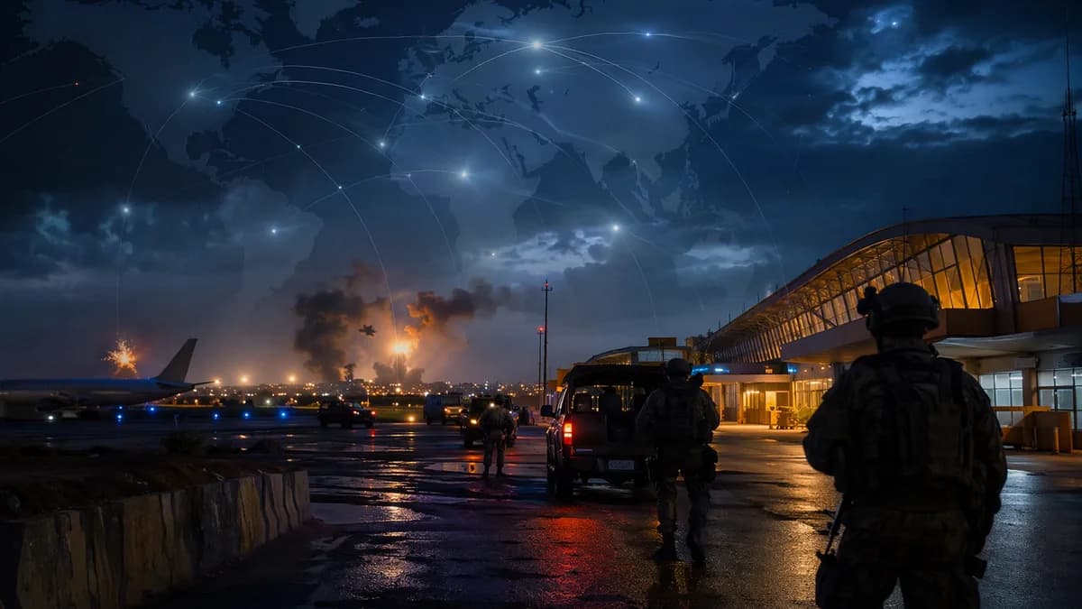 Tense night scene near Niamey airport with smoke, security forces, and global map overlay